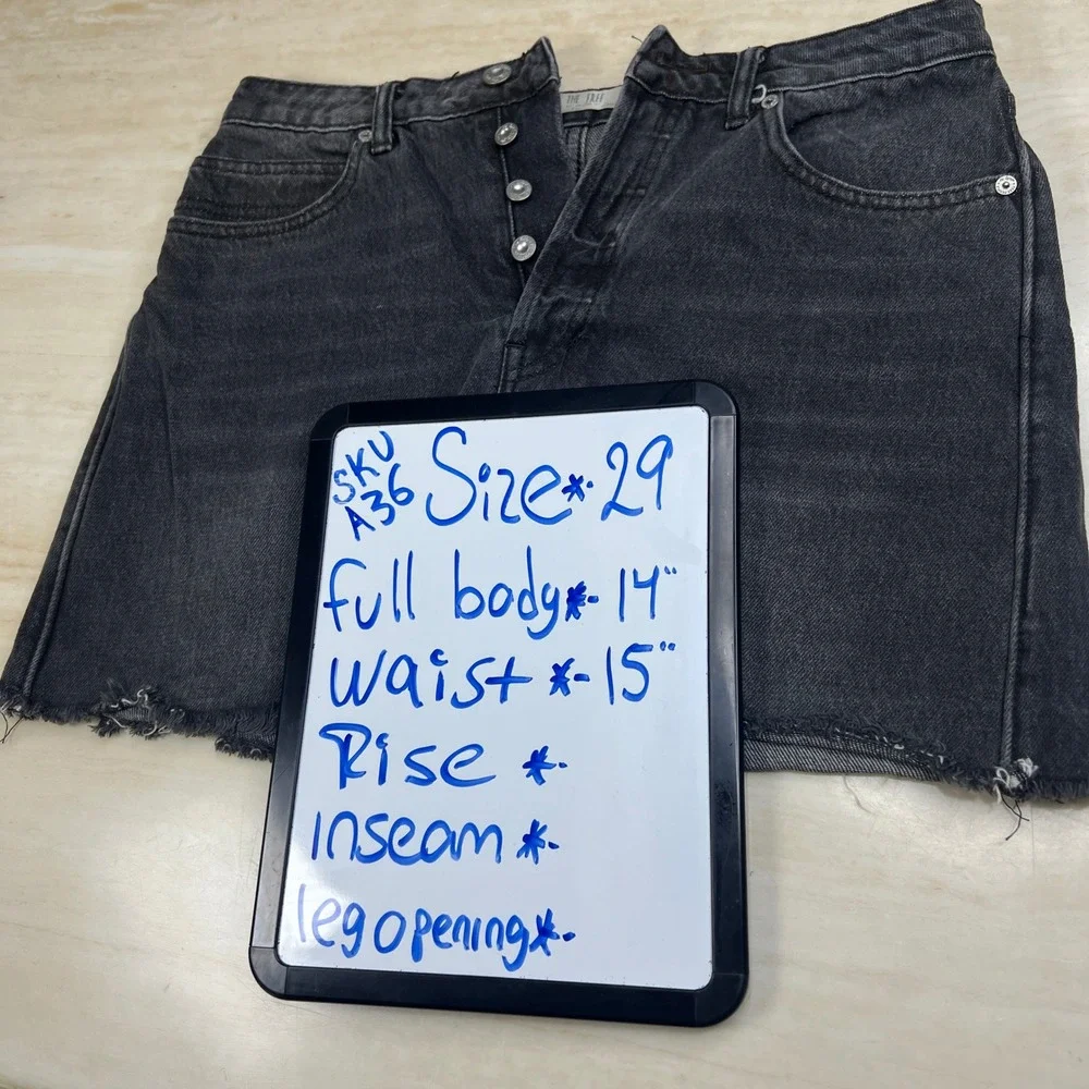 We The Free People Black Denim Mini Skirt Cinch Back Raw Hem Size 29 OB813134